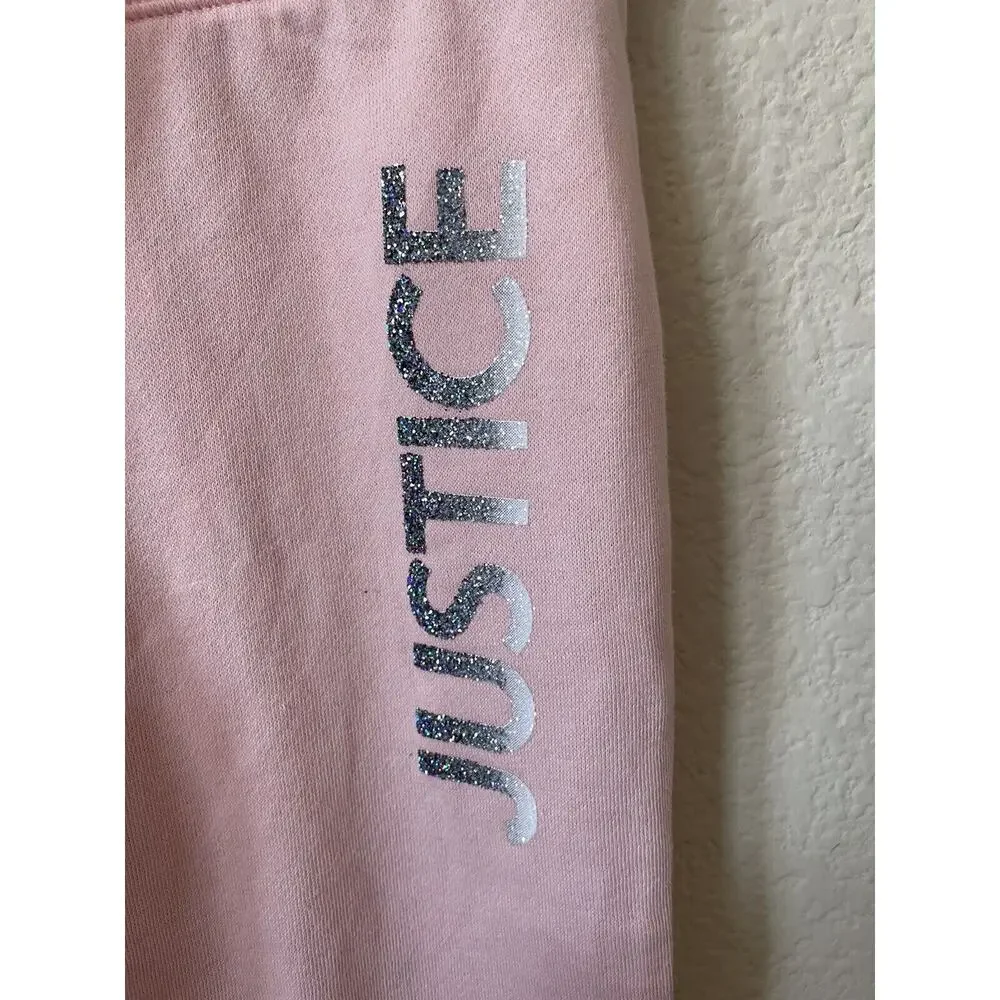 Justice Pink Silver Ombré Sparkle Logo Mid Rise Full Length Joggers Pants Size 8
